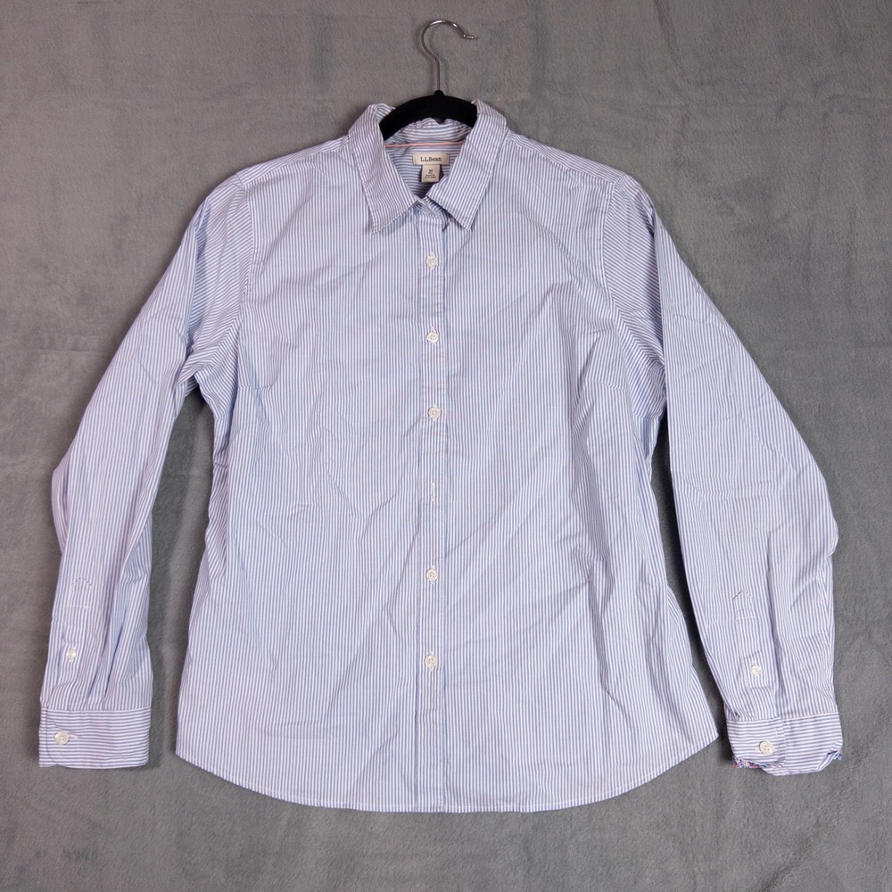 L.L.Bean Button Down Shirt Womens M Blue Pinstripe Excellent Floral Trim Stretch